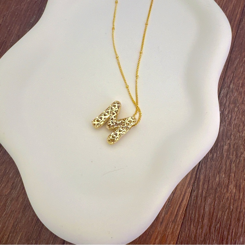 Gold Bubble Letter M Necklace CZ Initial Pendant Gold Tone Layering Necklace - Picture 3 of 5